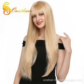 Long Straight Synthetic Wigs Women's Mixed White Gray Wig with Bangs Cosplay Party Hair Wigs High Temperature Fiber
